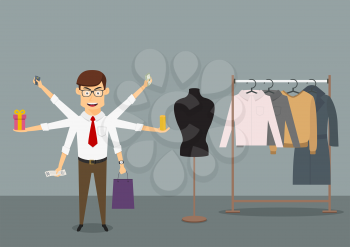 Businessman with many hands shopping in clothes store and holds bank credit card, money banknotes, stack of coins, gift box, paper shopping bag and receipt. Cartoon flat style