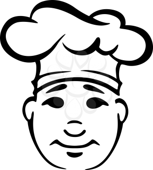 Monochrome outline portrait of young smiling chubby chef on a lush chef hat 
