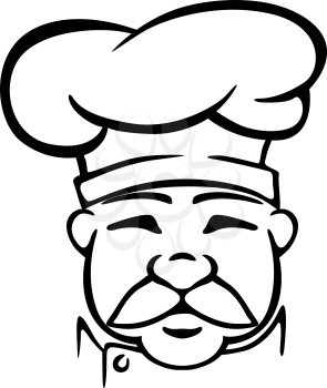Black and white head outline of aged mustached cook in traditional chef hat and tunic