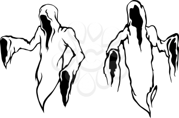 Two Halloween ghosts with the frightening empty hooded robes of the Grim Reaper or a monk in black and white vector designs