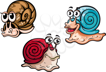 Three different smiling cartoon snails with colorful shells and funny eyeballs, vector illustration on white