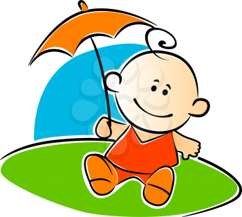Little baby dressed in red holding a matching sunshade or umbrella as it sits outdoors on the grass, vector illustration