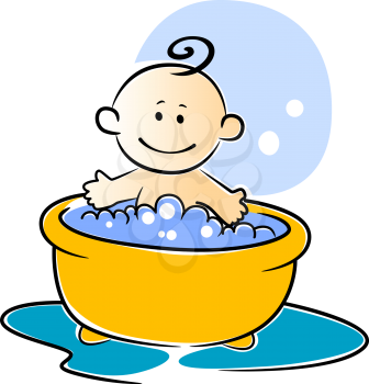 Happy little baby having a bath sitting smiling in a tub of soapy water, vector illustration