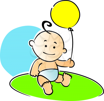 Small baby sitting on the grass in the garden playing with a yellow party balloon with a big smile, vector illustration