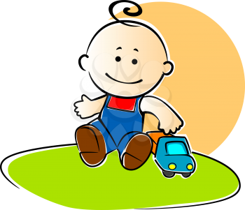 Cute young boy playing with a toy truck on the grass in the sunshine, vector cartoon illustration for kids
