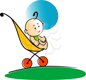 Cute little baby sitting in a stroller or push chair outdoors on the grass, side view cartoon vector illustration