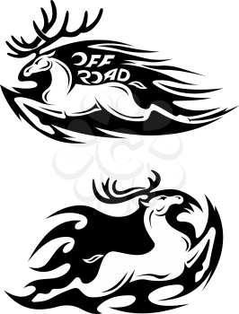 Leaping speeding deer Off Road vector icon with large antlers trailing motion flames in two variations, one with a checkered flag and the words - Off Road - and the other without