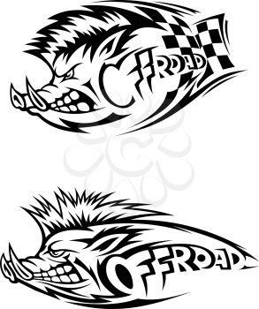 Snarling wild boar Off Road icon in black and white vector design with two variations, one with a checkered flag for motor sport and one without