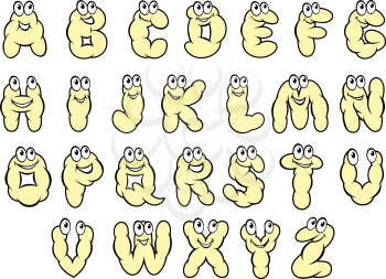 Complete vector set of cute cartoon little wriggly worm alphabet letters with smiling faces and googly eyes