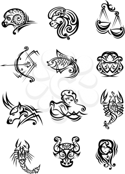 Set of black and white vector doodle sketch zodiac signs in a stylized decorative calligraphic form