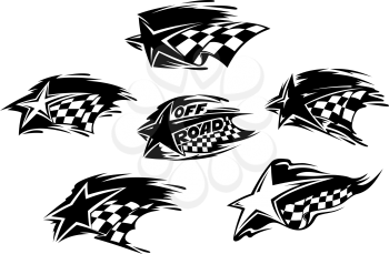 Set of black and white motor sport and Off Road icons with checkered flags and stars with speed motion trails, one with the words - Off Road, vector illustrations