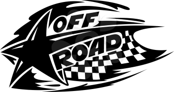 Off Road motor sport event icon in black and white with a star over a checkered flag with speed trails and the words Off Road