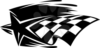 Motor sport icon with a black and white star and checkered flag with speed motion trails, vector illustration