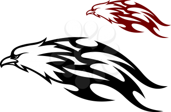 Flying speeding eagle icon with a cruel sharp beak trailing flames behind it in two color variants, black and red, vector illustration