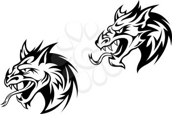 Two black and white vector illustrations of a fierce snarling bobcat or mountain lion in profile