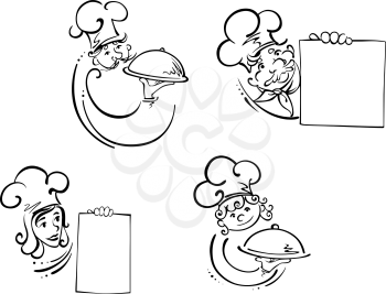 Set of black and white vector male and female cooks and chefs in white toques holding food domes covering hot dinners and blank cards with copyspace for your menu or advertising