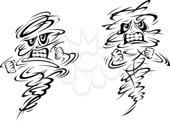 Two very angry ghosts or magical genies balling their fists and gnashing their teeth in a swirl of black and white, vector doodle sketches for Halloween