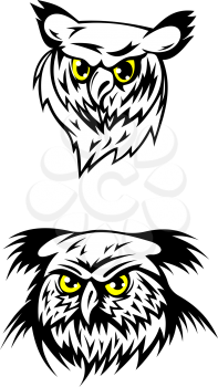 Two black and white vector illustrations of the heads of fierce looking owls with glowing yellow eyes