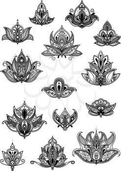 Large set of ornate vintage black and white flower motifs with delicate calligraphic designs and intricate patterns, vector illustration on white