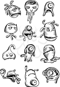 Set of twelve cute scary Halloween monsters in different black and white vector designs and shapes pulling frightening faces to scare young kids
