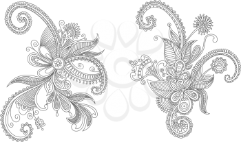 Two elegant intricate vintage swirling black and white calligraphic vector floral elements
