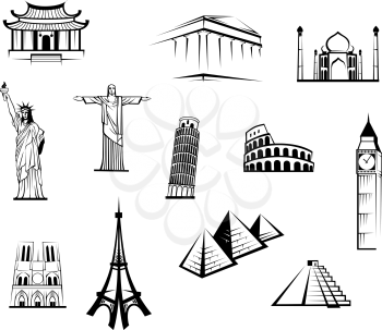 Set of twelve different black and white vector doodle sketch icons of famous iconic worldwide landmarks for travel and tourism