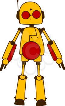 Toy robot or alien in bright yellow with red eyes, antenna and domed head standing in a frontal view, vector illustration and design element isolated on white