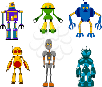 Colorful set of classic toy robots standing facing the viewer with six different styles, vector illustration on white