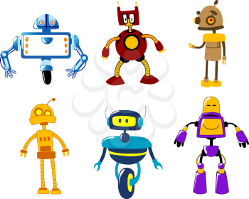Set of six different cute colorful retro robot toys for kids, vector illustration on white