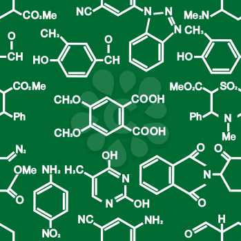 Chemistry seamless background pattern with formulae in white on green conceptual of a scientific education or research in square format