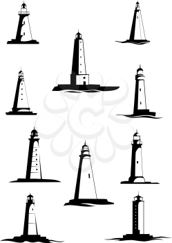 Black and white old lighthouses, towers for maritime navigational guidance, isolated on white