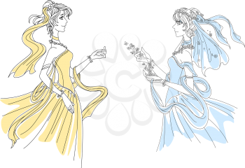 Two delicate elegant vintage ladies in swirling attire wearing filmy headgear and long gowns, vector illustration on white
