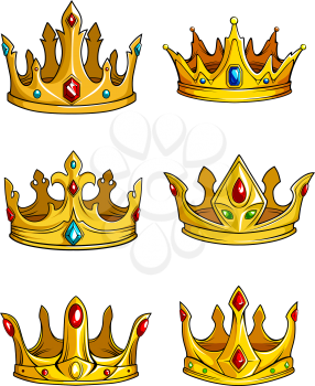 Six golden royal crowns, decorated with gemstones, as diamond, ruby, sapphire or emerald, isolated on white
