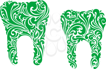 Two different vector cartoon decorative teeth with swirling green floral and foliate patterns on white