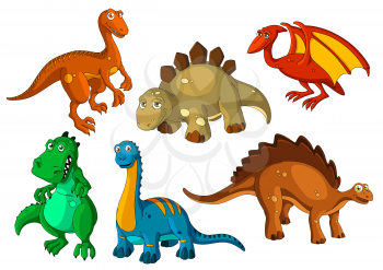 Dinosaur animal cartoon icon set. Funny dino prehistoric reptiles and predators. Jurassic monster, brontosaurus, raptor, tyrannosaurus, stegosaurus and pterodactyl, velociraptor apatosaurus