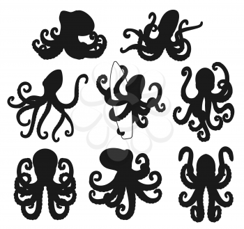 Octopus with curved tentacles vectorblack silhouettes. Marine animals with arms and suckers holding surfboard, underwater wildlife