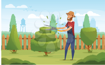 Gardener working in garden cartoon icon. Landscape designer in blue overalls pruning or trimming green tree and shrub with shears for gardening and landscape design profession design