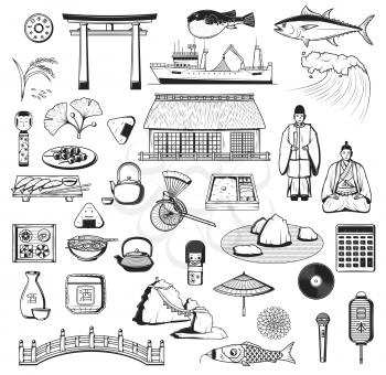 Japanese vector icons with culture, travel and food symbols of Japan. Pagoda, fish and lantern sketches, sake, sushi and umbrella, tea ceremony, torii gate and rice, bridge, wave, carp and samurai