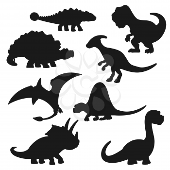 Black dinosaur silhouettes . Vector triceratops, tyrannosaurus, stegosaurus and brontosaurus, pterodactyl, parasaurolophus and spinosaurus, diplodocus and ankylosaurus shapes