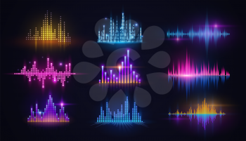 Music equalizer neon sound waves, audio digital technology vector design. Sound frequency spectrum abstract music wave patterns with blue, purple and yellow glowing light graphs
