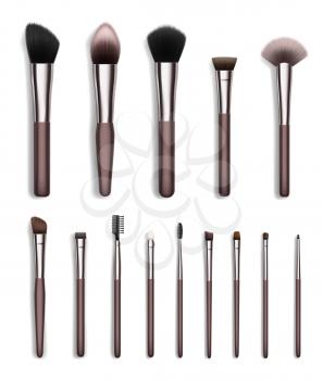 Cosmetic makeup brush realistic set of face and eye beauty tools vector design. Powder, eyeshadow and blush, bronzer, concealer and foundation brushes, brow and lash combs, fan, flat and angled liners