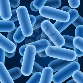 Probiotic bacterias 3d vector background with bacterium of lactobacillus acidophilus and prebiotic bifidobacteria. Microscopic blue bacillus and microorganisms of healthy human intestine and gut flora