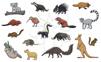 Animal cartoon icons of hunting sport, zoo and wildlife. Vector kangaroo, koala and platypus, kiwi bird, porcupine, badger, beaver and lemur, chipmunk, capybara and sloth, armadillo, skunk, anteater