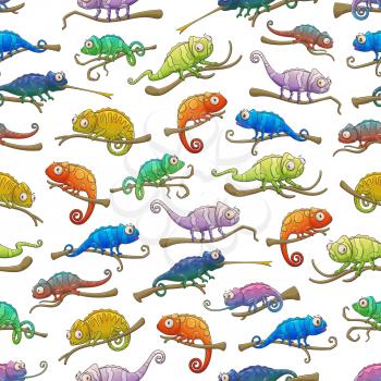 Chameleons seamless pattern of exotic lizard animals. Vector background with colorful chameleon reptiles sitting on branches with camouflage spots and stripes, long tails and tongues, animal backdrop