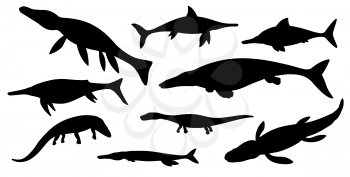 Sea dinosaur black silhouettes of vector jurassic animals or monsters. Prehistoric marine dinosaurs and rwptiles, ichthyosaurus, liopleurodon, kronosaurus and plesiosaur, tylosaurus and sauropterygia