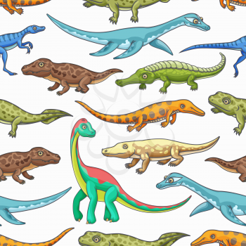Dinosaurs seamless pattern of cartoon jurassic animals vector background. Prehistoric dino monsters and reptiles backdrop with brachiosaurus, mesosaurus and brontosaurus, eoraptor and pliosaurs