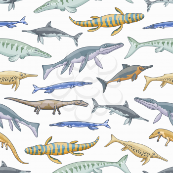 Sea dinosaur animals vector seamless pattern of jurassic dino reptiles ansd monsters background. Marine predatory mosasaur, liopleurodon, ichthyosaurus and plesiosaur, tylosaurus and kronosaurus