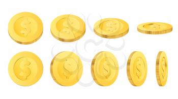 Golden dollar coins, isolated realistic gold money, currency or cash vector design. Treasure, wealth and casino jackpot, finance, business and economy concept with coins in different positions