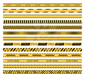 Caution tape vector design of yellow and black construction warning line, police, safety, danger and hazard barricade ribbons. Security zone marking stripes with Do not cross, Attention and Stop texts