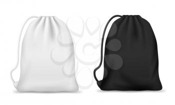 Drawstring bag, backpack or pouch vector mockups. Realistic white and black sport bags, blank canvas school knapsack or laundry sack with ropes or strings, packs for clothes, footwear, bulk products